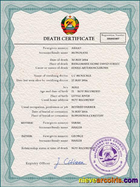 Mozambique vital record death certificate